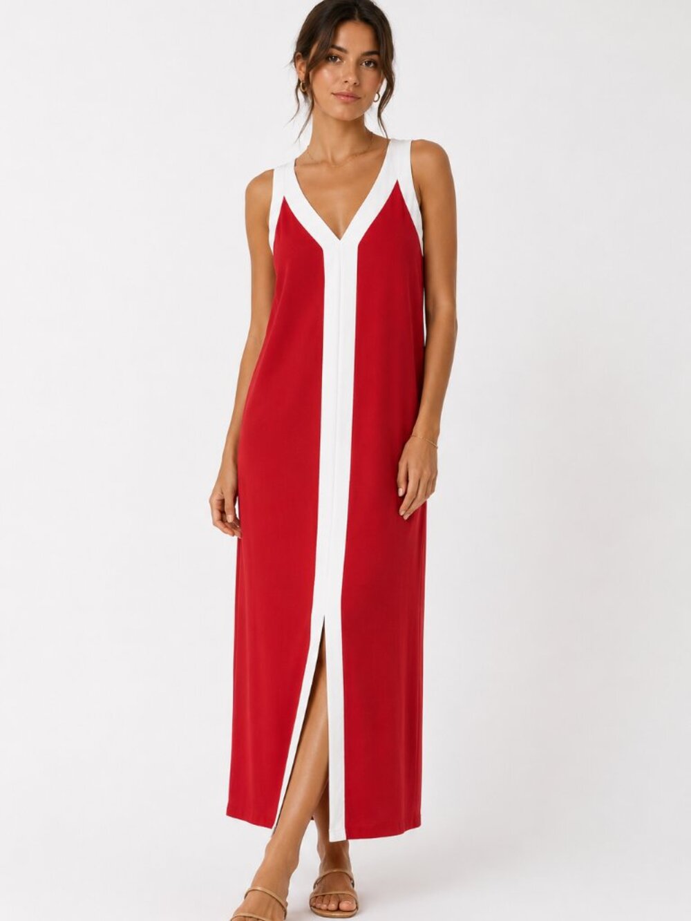 Red White Color Block Sleeveless Maxi Dress M/L